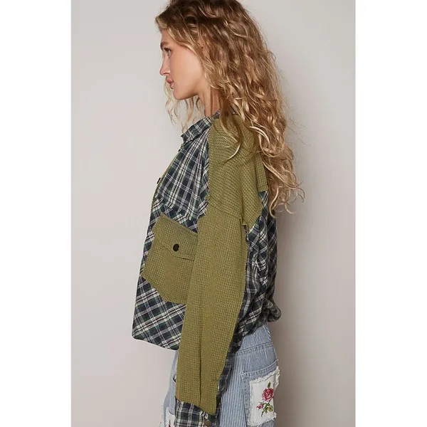 Pol Mixed Media Plaid Waffle Knit Shacket Olive Green Navy‎ Blue Oversized NEW - Image 3
