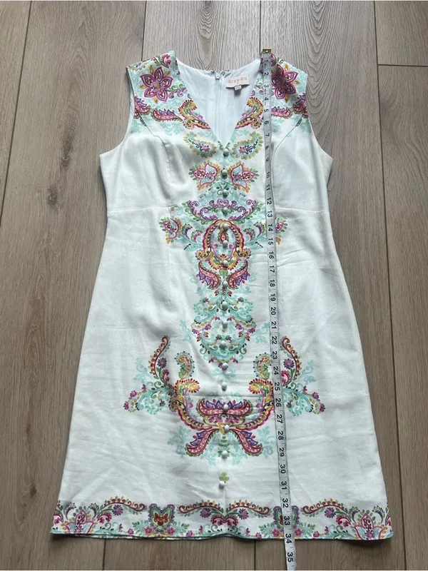 Anthropologie Ciebon White Embroidered V-Neck Shift Dress Floral Sleeveless Sm - Image 10
