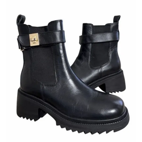 Steve Madden Black Leather Lug Sole‎ Turn Lock Chelsea Ankle Boots Womens 6 NEW - Image 2