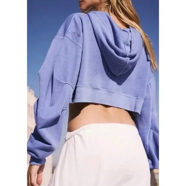 Free‎ People Movement Catch Up Cropped Hoodie Blue Barrel Sleeve Sweater - Image 2