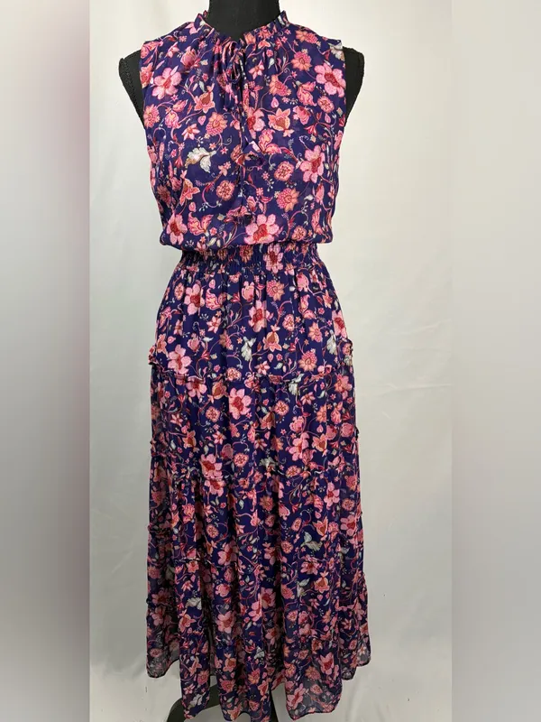 Violet Maxi Dress with Pink Floral Print Size Small - Image 6