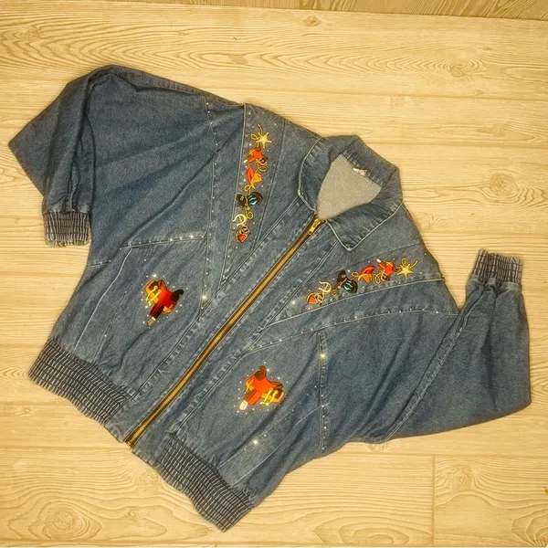 Vintage cotton denim Jean jacket horse / ranch / cowgirl theme embroidered patch - Image 3