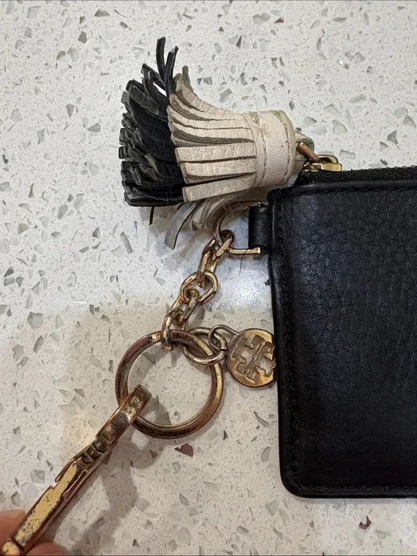 Tory Burch Black Leather Card Case Keyring with Tassel - Image 2