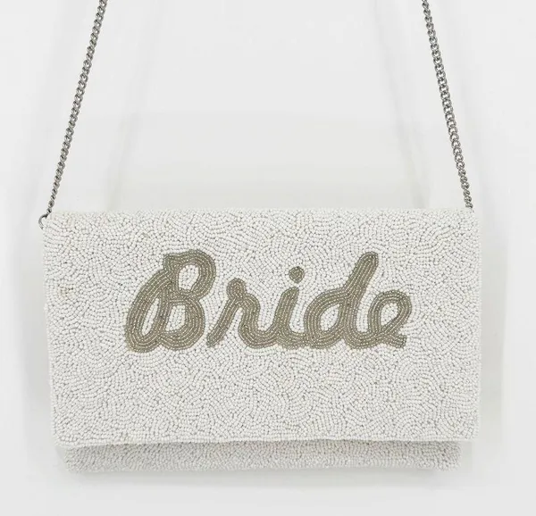 Lulus Bride Beaded Clutch Crossbody Bag White Silver - Image 5