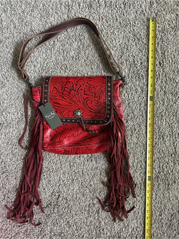 Myra Bag Red Embossed Floral Fringe Studded Shoulder Bag Zip-Around Pockets - Image 2