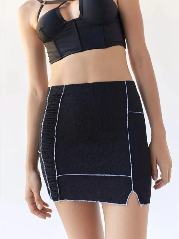 UO Willow Patchwork Mini Skirt Sz XS Black Contrast Stitch Mini Skirt High Rise - Image 3