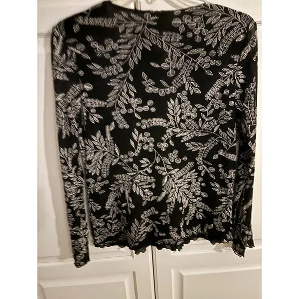 Sigrid Olsen Sport Womens Large Black White Floral Mesh V-Neck Lettuce Edge Top - Image 5
