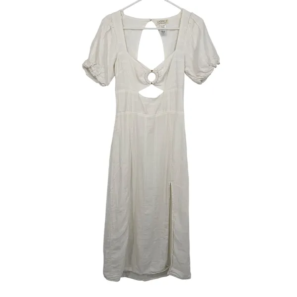 L*Space Midi Dress Womens S White‎ Linen Blend Cutout Open Back Puff Slit Rush - Image 2