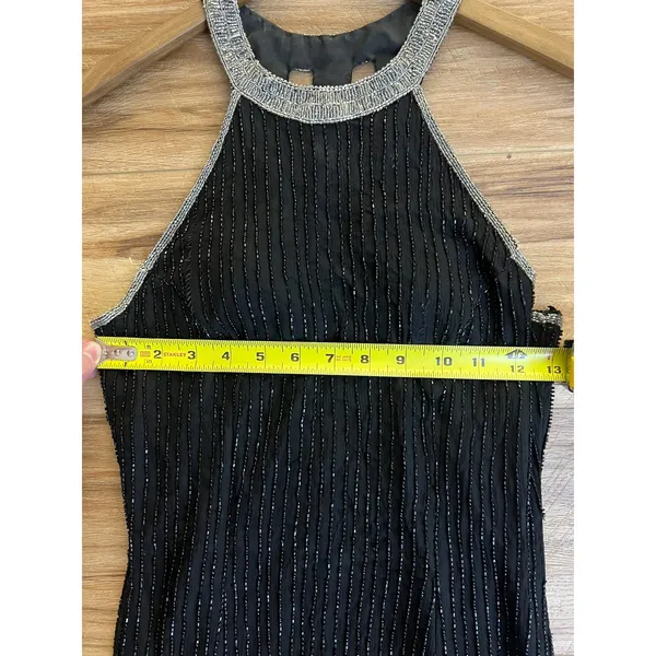 VTG SM Black Beaded Halter Neck Gown Silver Open Back Cage Detail Formal Dress - Image 8