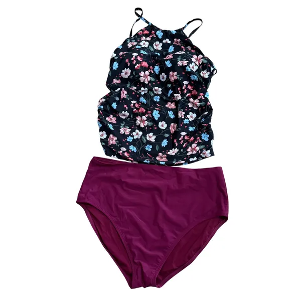 Tempt Me Floral Tankini‎ Top & Kathy Ireland High Waist Bottoms Set XL Purple - Image 8
