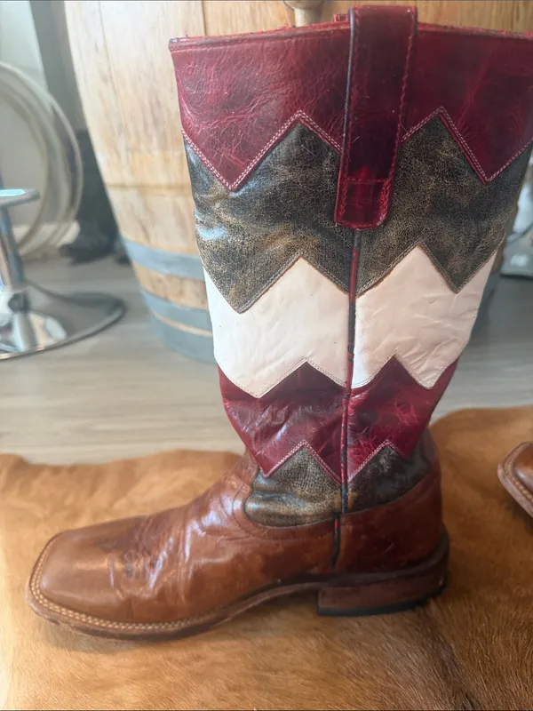 $299 Macie Bean Red White & Brown Leather Western Square Toe Cowgirl Boots 9.5 - Image 10