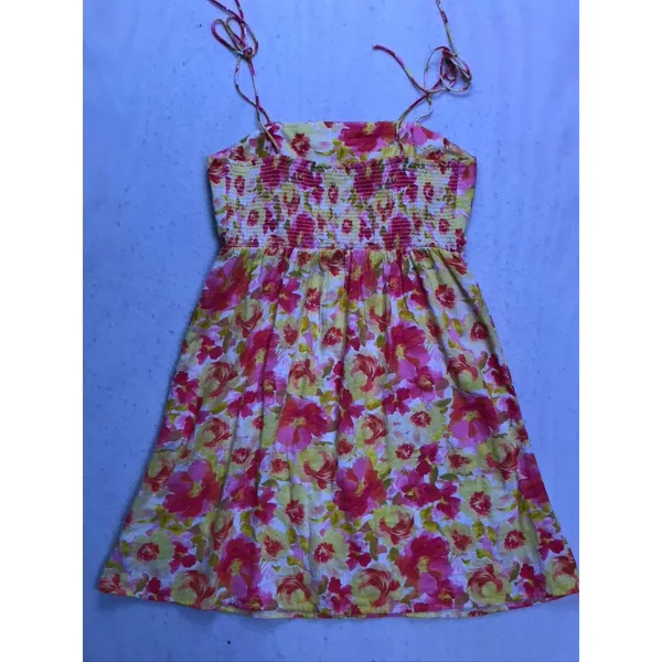 Old Navy‎ Floral Mini Dress Womens Small Pink Yellow Linen Tie Shoulder Smocked - Image 9