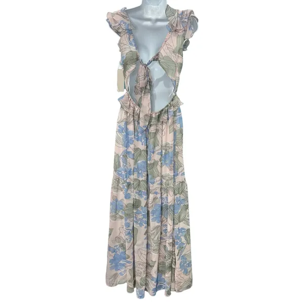 Big Water Blue Sky Pink Blue Green Floral Flutter Tie Back Maxi Dress S NEW Tags - Image 5