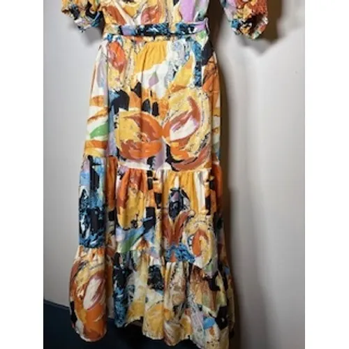 FLYING TOMATO Midi Dress Small Abstract Floral Tiered Boho Puff‎ Sleeve Art Belt - Image 6
