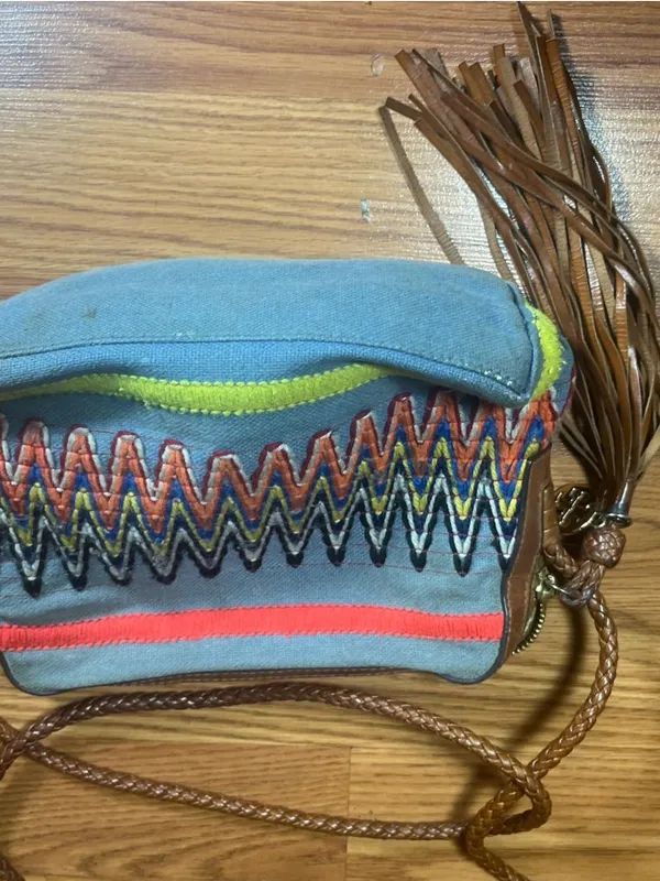 Tory Burch Gray Canvas Crossbody with Multicolor Zigzag Embroidery - Image 3