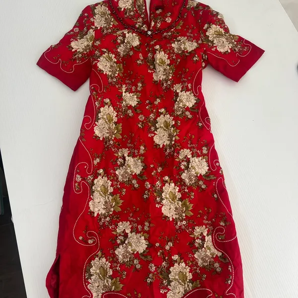 Tang Chao Red Floral Qipao Cheongsam Dress Cotton Mandarin Collar Size M - Image 7
