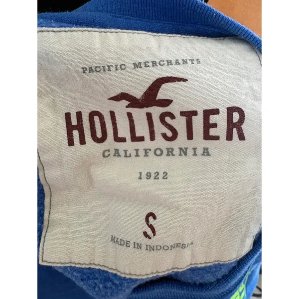 Hollister California Blue Sweatshirt Neon Green Logo Graphic Pullover Small - Image 5