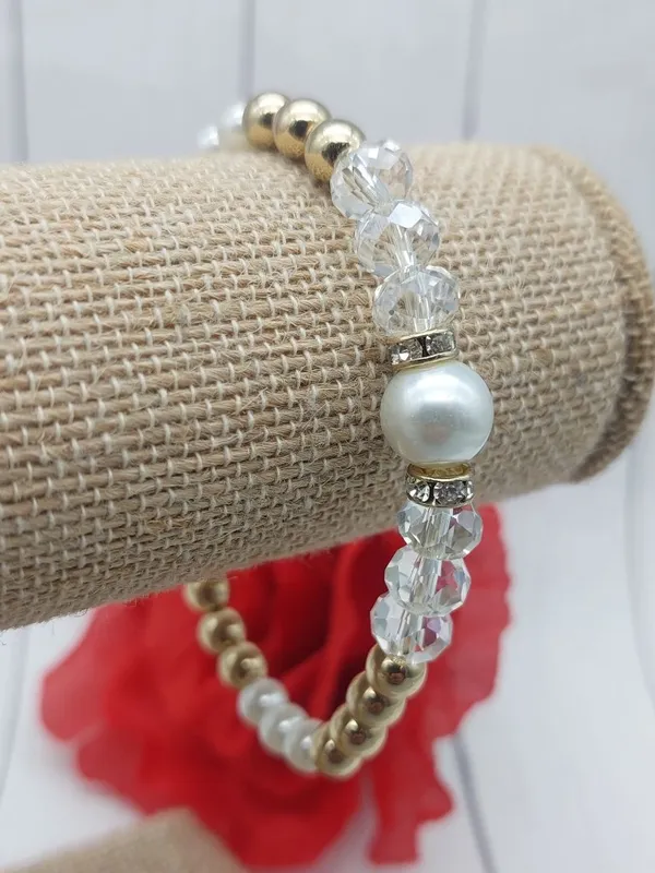 Faux Pearl Crystal Stretch Bracelets Lot of 2 Gold Tone Rhinestone Bridal - Image 11