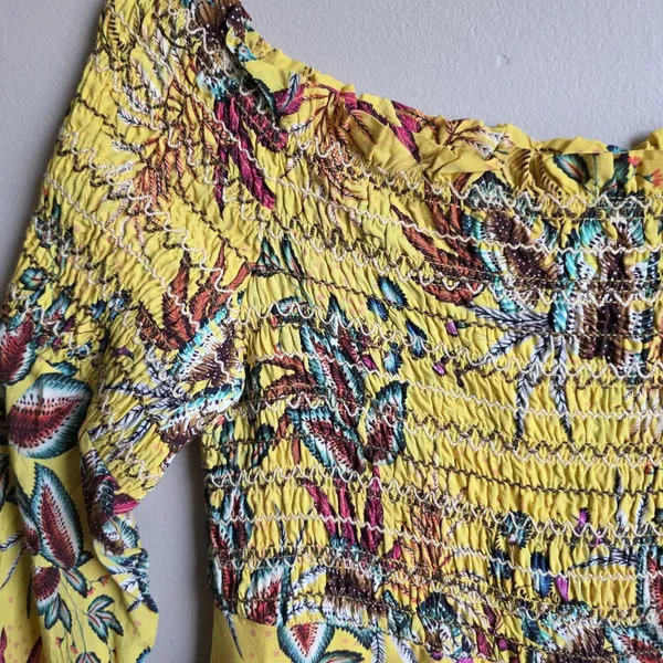 Farm Rio Bria Smocked Dress Anthropologie Size S Petite Yellow Tropical Floral - Image 8