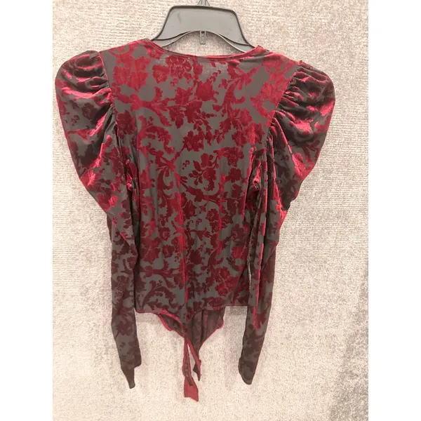 Free People Women Bodysuit S Burgundy Midnight Combo Burnout Velvet Puff Sleeve - Image 9