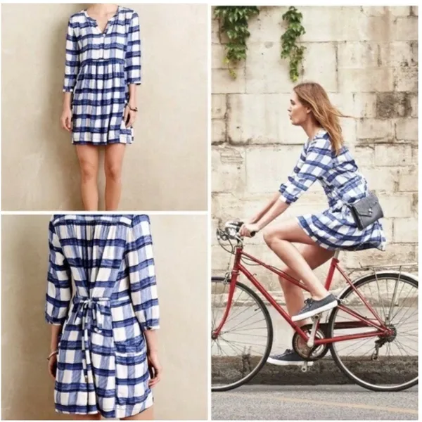 Maeve Devry Blue White Plaid Dress‎ Pockets Tie Waist 3/4 Sleeve XS Spring Party - Image 2