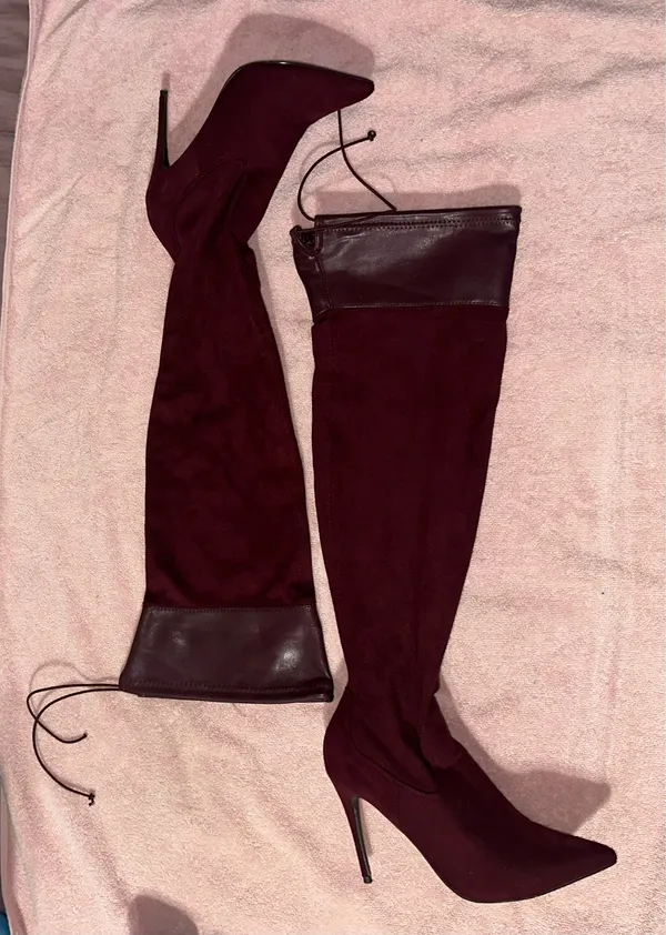 Burgundy suede thigh-high stiletto boots - Image 2