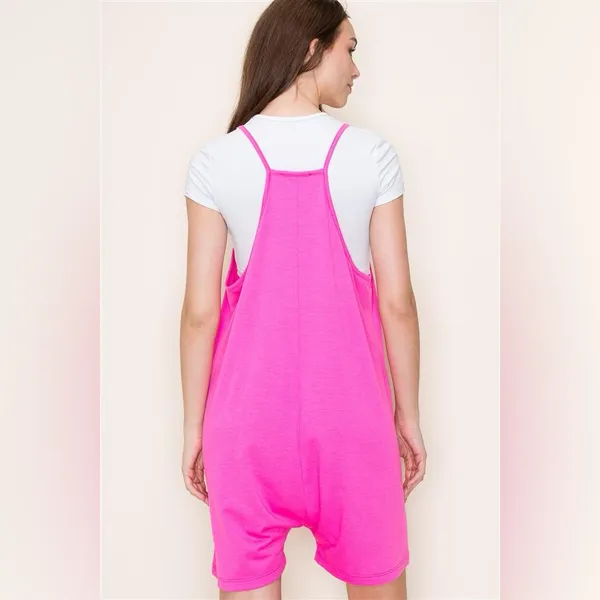 Hot Pink Harem Romper Pocket Slouchy Lounge Romper Adjustable Straps Size S - Image 2
