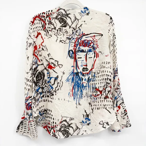 ZARA Womens Abstract Face Graffiti Print Artsy Viscose Button Down Shirt Size L - Image 8