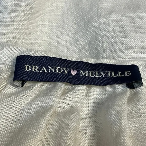 Brandy Melville Beige 100% Linen Short Sleeve Tie Back Henley Blouse Top Size M - Image 4