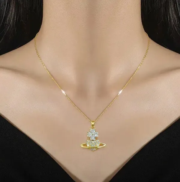 18K Gold Plated Flower Planet Light Luxury Temperament Gorgeous Full Diamond Necklace - Image 2