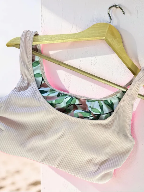 CUPSHE Reversible Ribbed Bikini Set Size S Peach & Leaf Print - Image 7