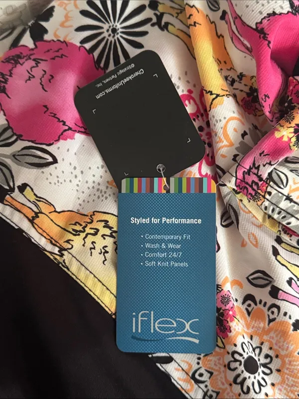Cherokee V-Neck Scrub Top in Pink, Yellow & Black Floral llama Print - Image 13