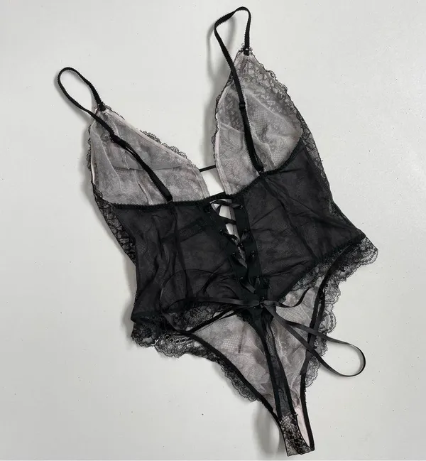 Victorias Secret Body Suit Nighty Thong Lace Plunge Neck Corset Lace Up Black - Image 7