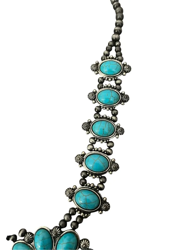 Faux Turquoise Squash Blossom Necklace & Earrings Jewelry Set 3 Pieces Southwest - Image 4