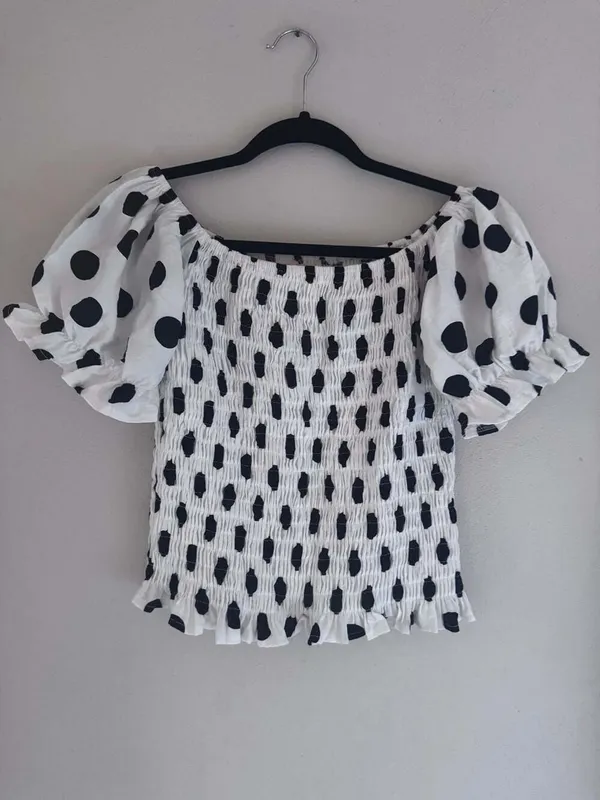 POL Women's Off-Shoulder Shirred Polka Dot Puff Sleeve Crop Top - Image 3