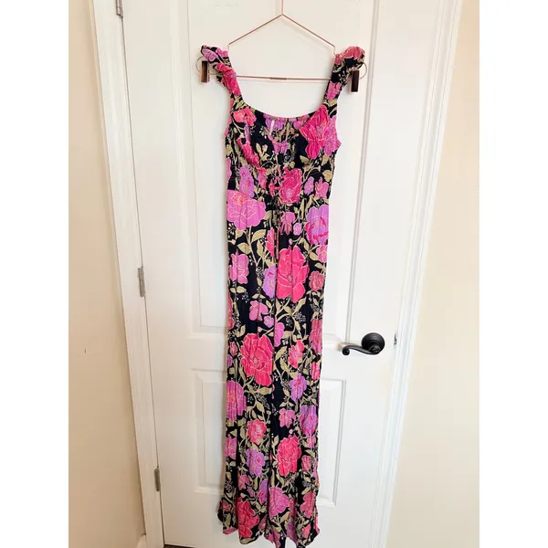 Free People Jumpsuit Womens Small Black Floral‎ Smocked Wide Leg Ruffle Strap - Image 3