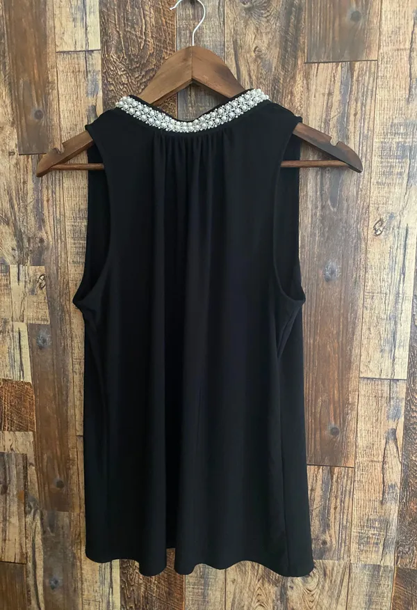White House Black Market women's black tank top with pearl beads on neck - Image 2