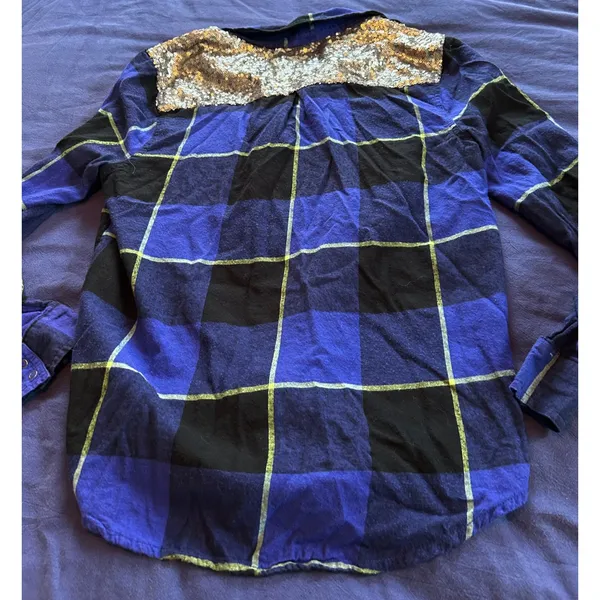 Arizona Jean Co Blue Black Plaid Sequin Back Button Down Flannel Shirt Large - Image 15