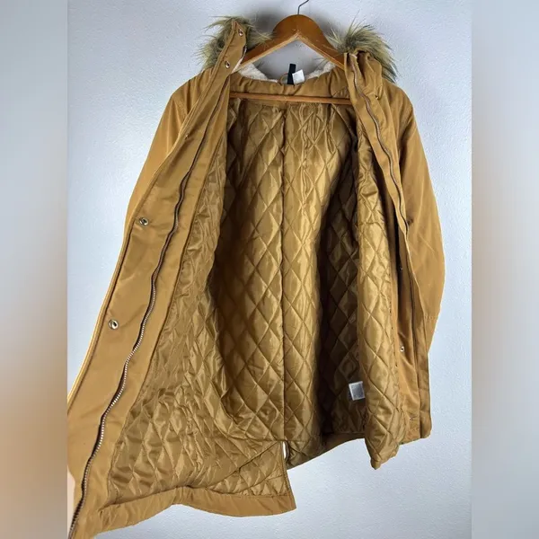 H&M Divided Small Faux Fur Shearling lined‎ Hooded Parka Coat Light Brown - Image 10