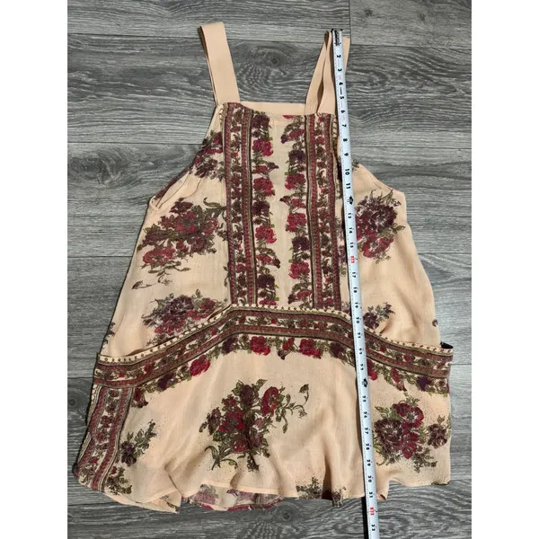 Free People‎ Mini Slip Dress XS Tunic Peach Floral Border Print Open Back Boho - Image 11