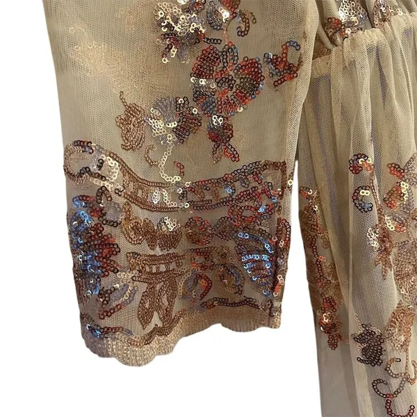 Rouge Women's M Beige Champagne V-Neck‎ Midi Dress with Rose Gold Sequins - Image 7