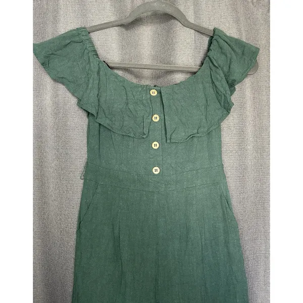 Lulu's‎ June Bloom Dk Green Linen Culotte Jumpsuit Size XS Off Shoulder - Image 2