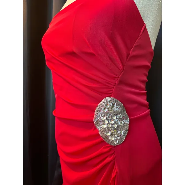 Red Strapless Ruched High Low‎ Evening Gown with Crystal Brooch Accent - Image 6