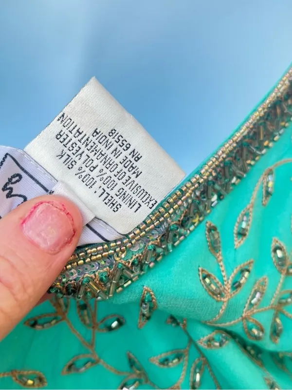 Vintage Stenay Green Gold Beaded Silk Fit & Flare Pleated Midi Dress Size 14 - Image 2