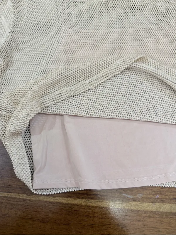 Elodie Mesh Knit Crop Top Beige Shiny Shimmer Overlay Short Sleeve Size S - Image 4