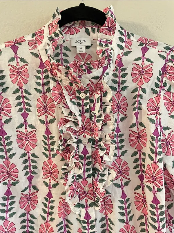 J. Crew Floral Hand Block Print Ruffle Placket Blouse Size S - Image 5