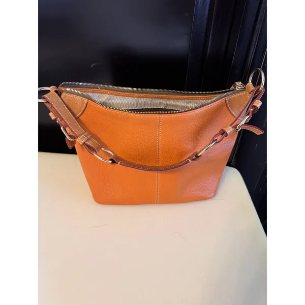 Dooney and Bourke Orange/Tan Pebbled Leather O-Ring Slouch Hobo Bag - Image 4