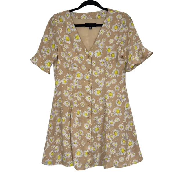 Lulus Tan Daisy Print Mini Summer Dress Mini Womens XS Casual Button Down Spring - Image 2