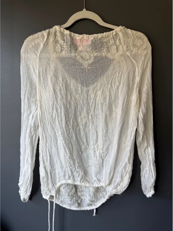 Gharani Strok White Embroidered Sheer Long Sleeve Blouse Size Small - Image 2