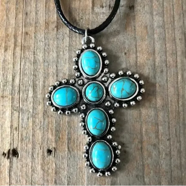 Southwest Turquoise Cross Pendant Necklace Silver Tone Boho Western - Image 2